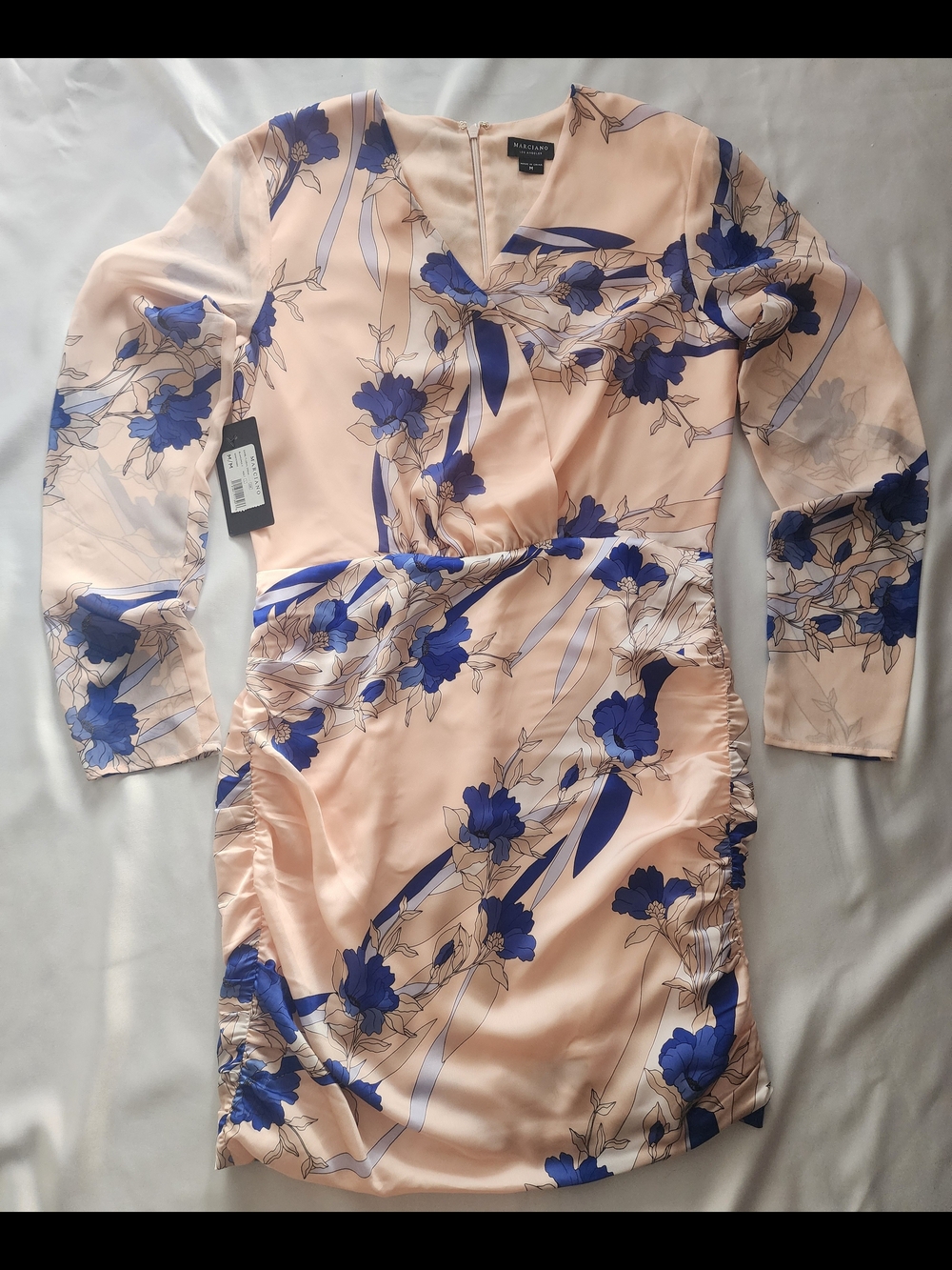 NWT Marciano Floral Long Sleeve Ruched Mini Dress - Size M